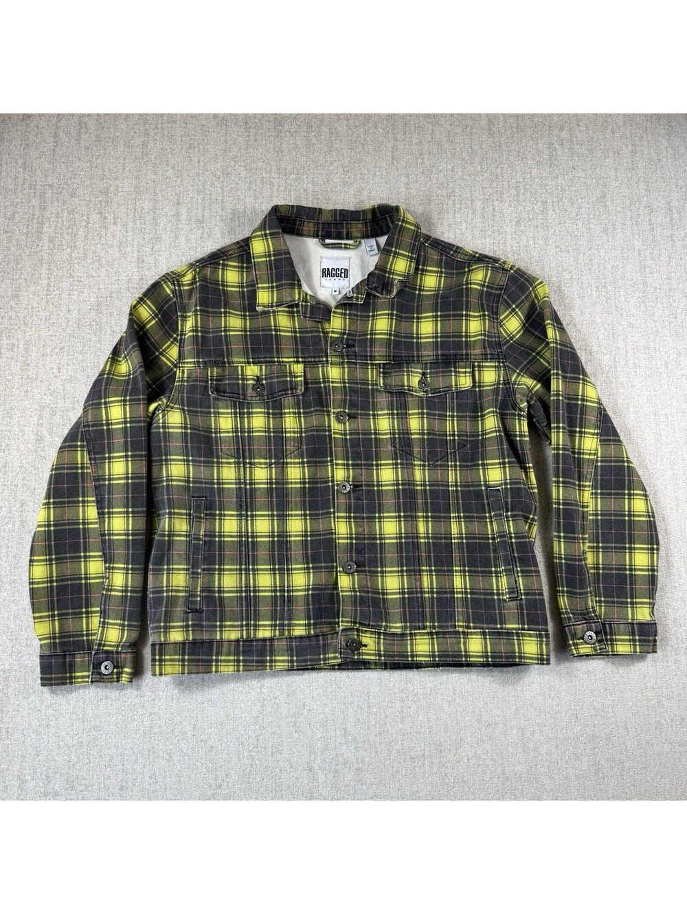 Ragged Jeans Men’s M Plaid Denim Trucker Jacket Black Neon Yellow Punk Grunge